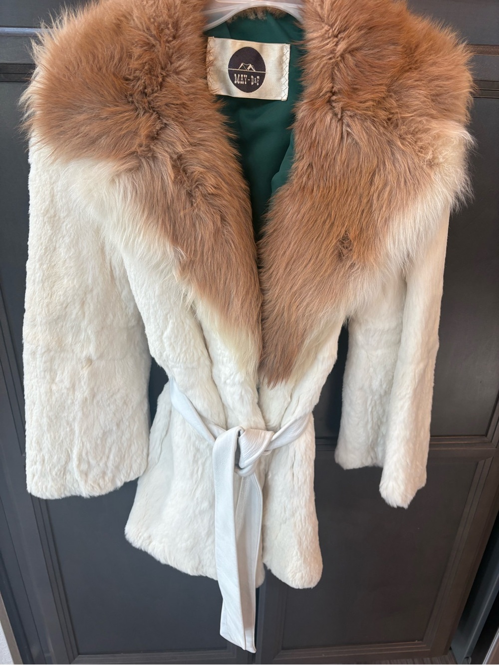 Vintage White Rabbit Fur Belted Coat with Brown Fur Collar